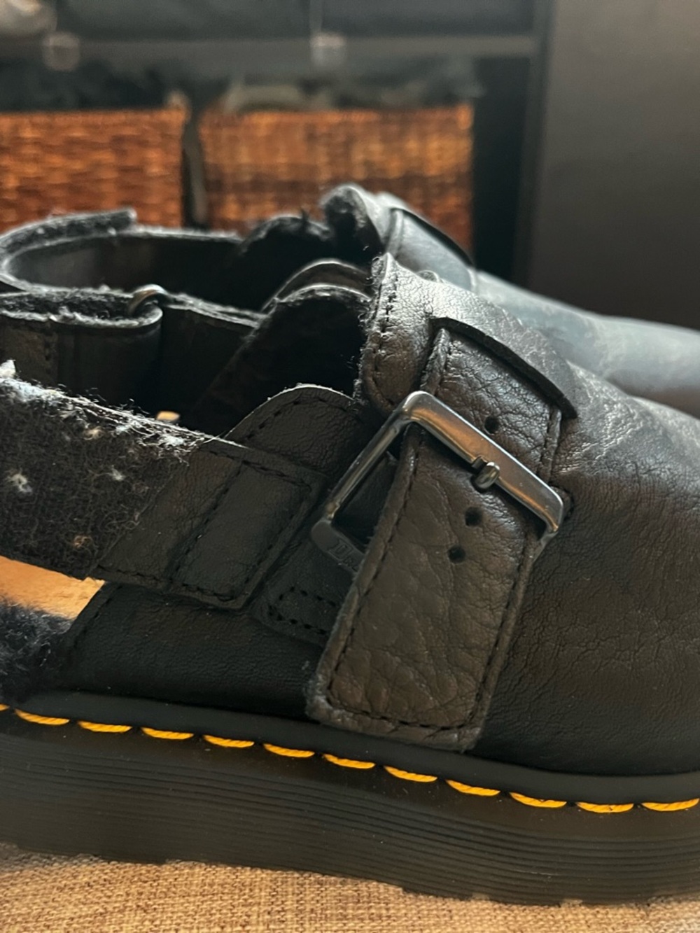 Dr. Martens Black Leather Buckle Clogs with Yellow Stitching Jorge shearling - Picture 7 of 8